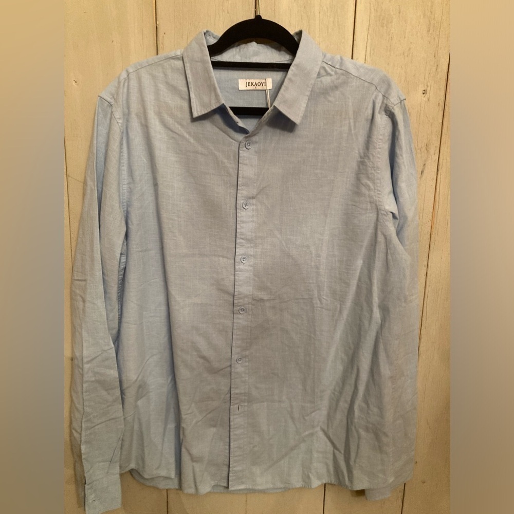 Jekaoyi Cotton Linen Shirt Mens S-Large Casual Button Long Sleeve Solid Blue NEW